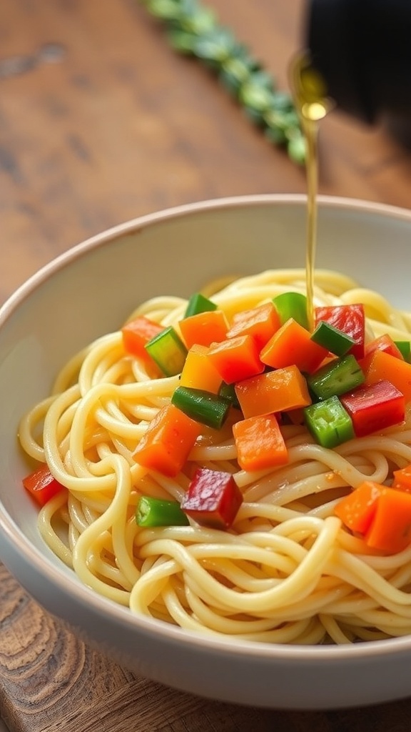 A bowl of noodles topped with colorful vegetables on a rustic table.